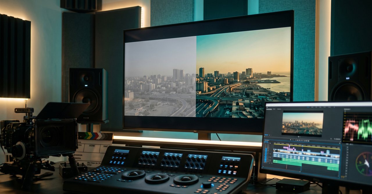 A dark colour grading suite: a reference monitor split into a flat before and a graded after, a grading control surface and an editing timeline