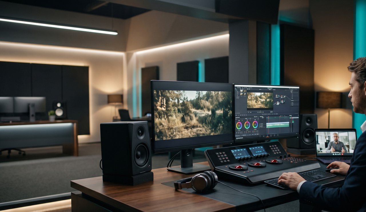 An editor in a professional post-production studio learning online, with the instructor on a video call