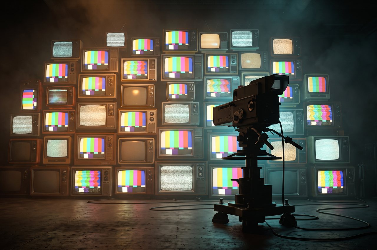 Wall of vintage television sets and a broadcast camera
