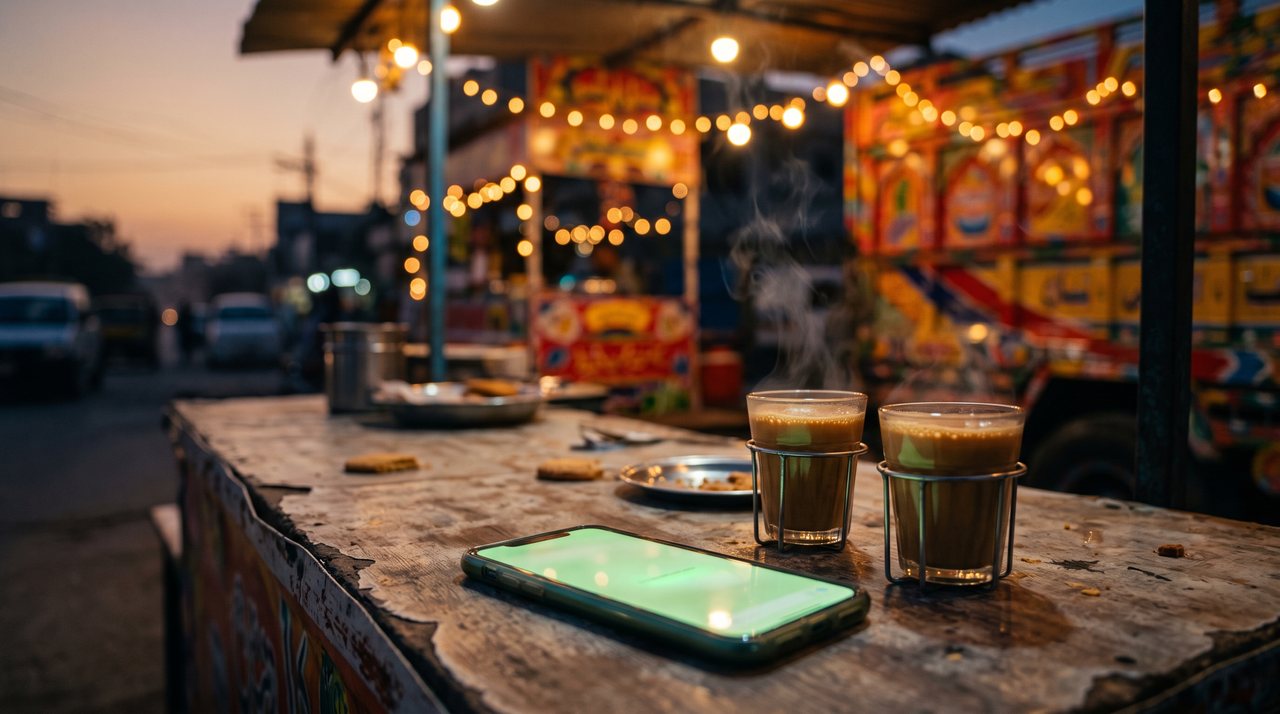 Phone glowing green on a Karachi tea stall counter with two cups of chai