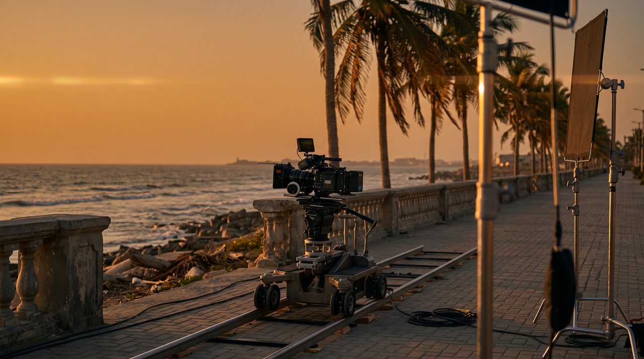 Cinema camera on a dolly track on a Karachi seaside promenade at golden hour