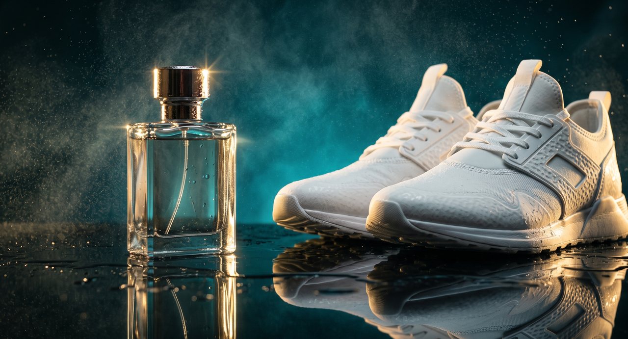 Perfume bottle and sneakers in a commercial shot