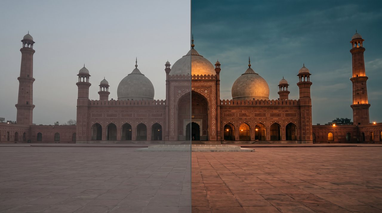 Badshahi Mosque graded flat on the left and cinematic on the right