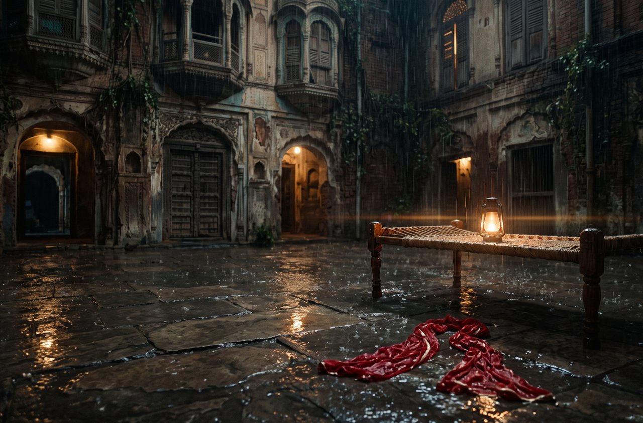 Lantern and red dupatta in a rainy haveli courtyard