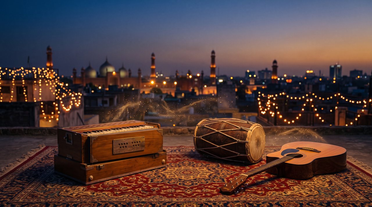 Harmonium, dholak and guitar on a rooftop at dusk