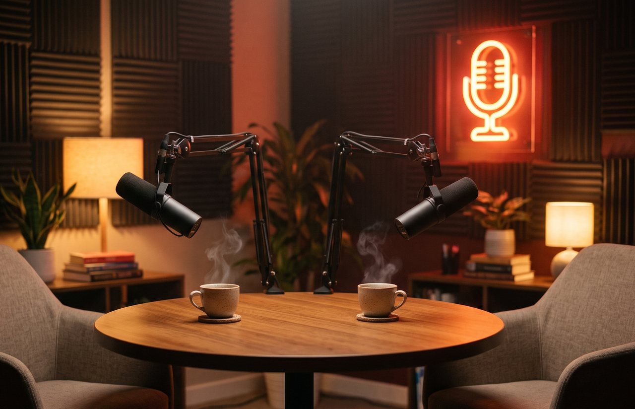 Podcast table with two microphones and two armchairs