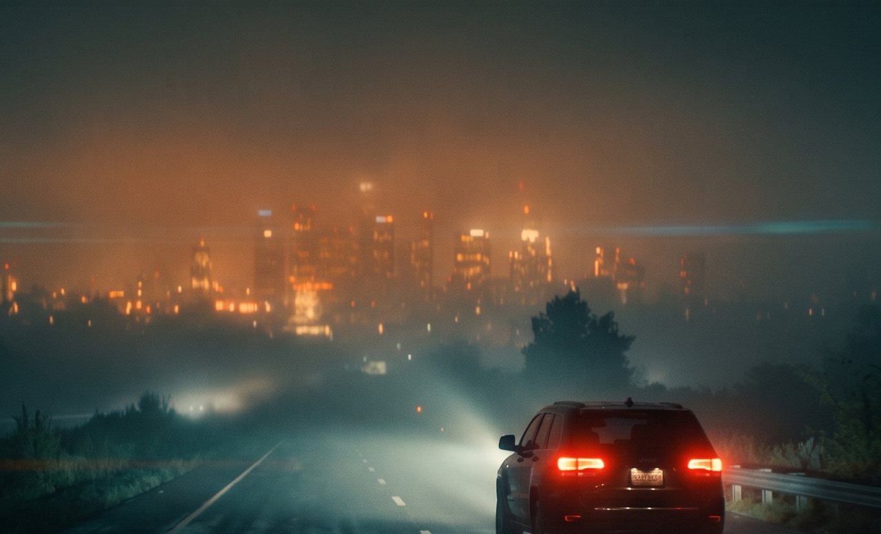 SUV on a foggy night highway in a teaser frame