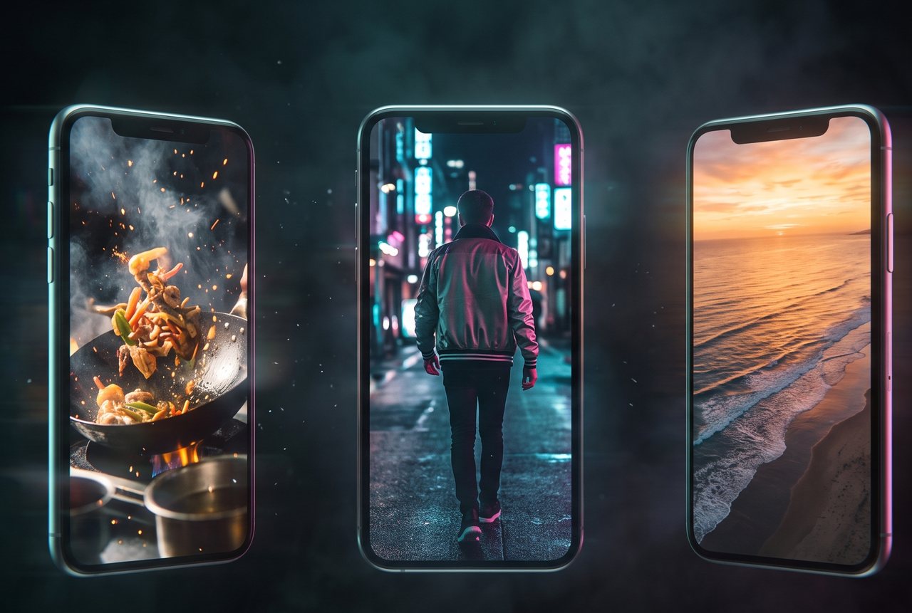 Three phones showing short vertical videos