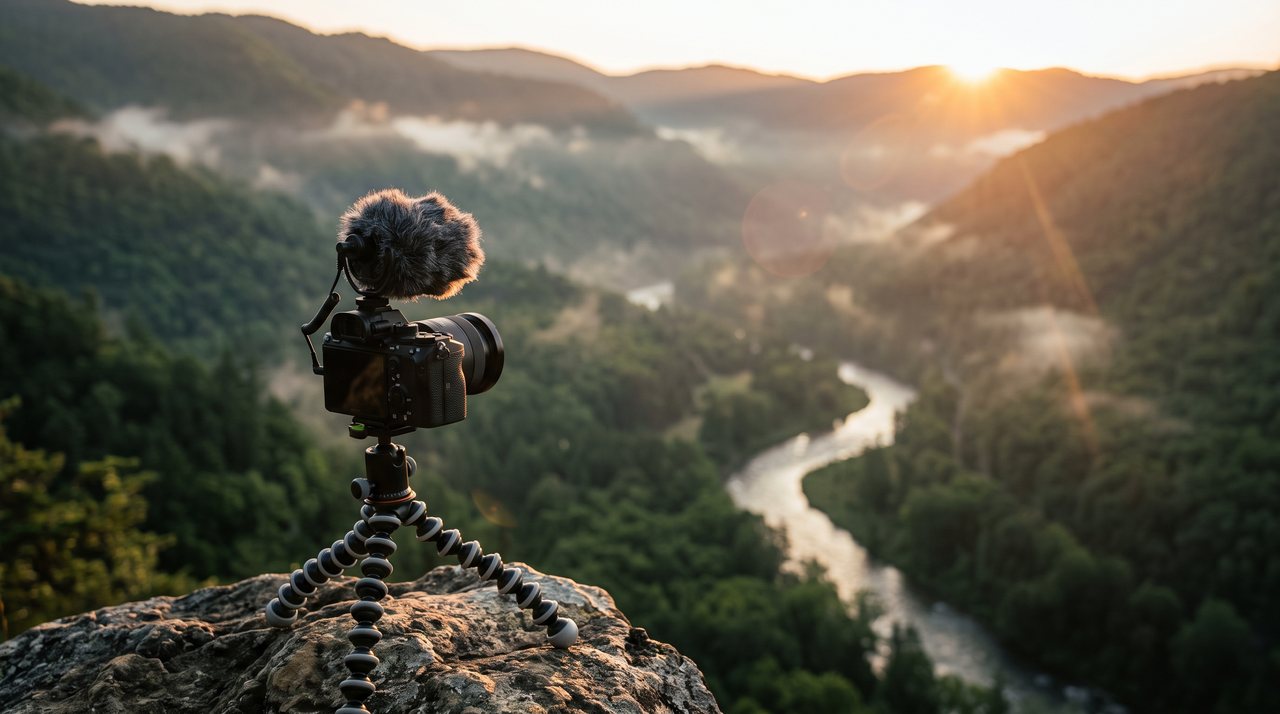 Vlog camera on a tripod above a misty valley
